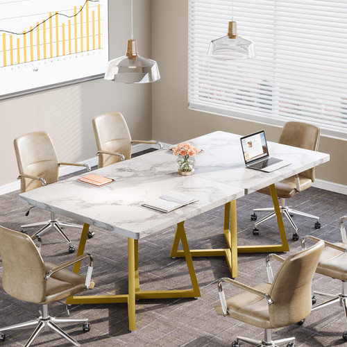 31.5" Square Conference Table, Industrial Office Meeting Table for 4 People, Business Podcast Furniture with Metal Base for Small Spaces, Office Conference, White & Gold