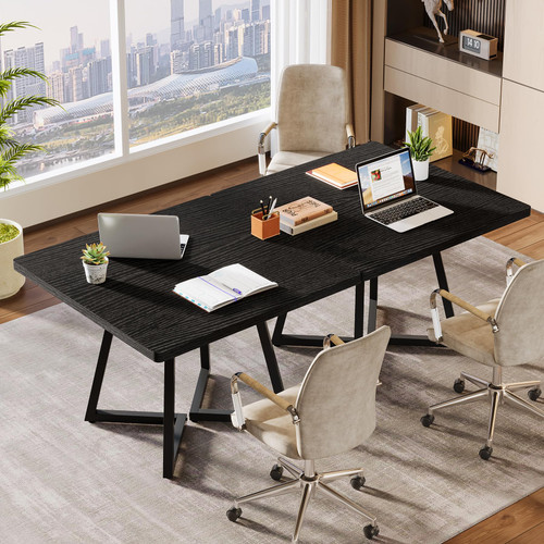 31.5" Square Conference Table Set of 2, 63" Industrial Office Meeting Table for 4-6 People, Business Podcast Furniture with Metal Base for Small Spaces, Office Conference, Black