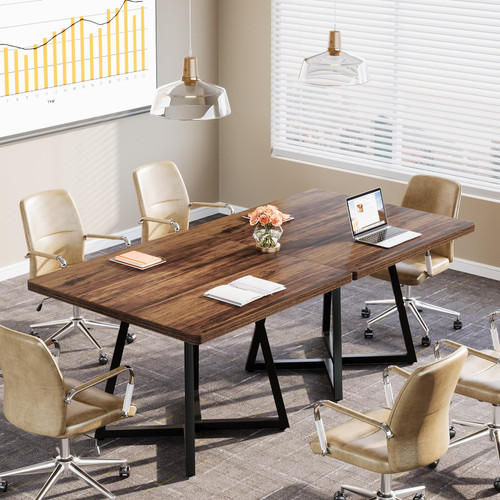 31.5" Square Conference Table Set of 2, 63" Industrial Office Meeting Table for 4-6 People, Business Podcast Furniture with Metal Base for Small Spaces, Office Conference, Brown