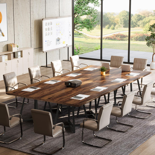 31.5" Square Conference Table Set of 2, 63" Industrial Office Meeting Table for 4-6 People, Business Podcast Furniture with Metal Base for Small Spaces, Office Conference, Brown