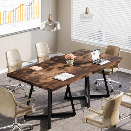 31.5" Square Conference Table Set of 2, 63" Industrial Office Meeting Table for 4-6 People, Business Podcast Furniture with Metal Base for Small Spaces, Office Conference, Vintage Brown