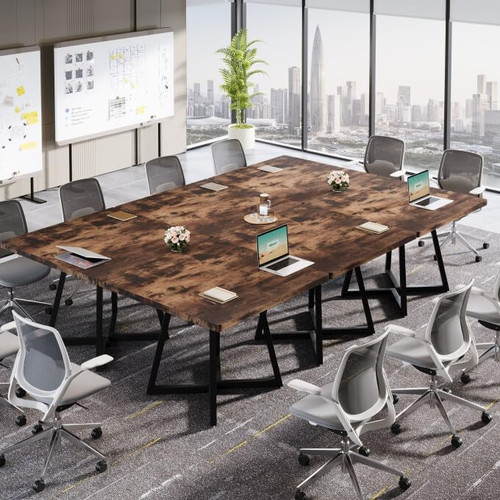 31.5" Square Conference Table Set of 2, 63" Industrial Office Meeting Table for 4-6 People, Business Podcast Furniture with Metal Base for Small Spaces, Office Conference, Vintage Brown