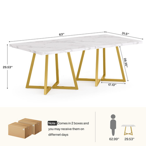 31.5" Square Conference Table Set of 2, 63" Industrial Office Meeting Table for 4-6 People, Business Podcast Furniture with Metal Base for Small Spaces, Office Conference, White & Gold