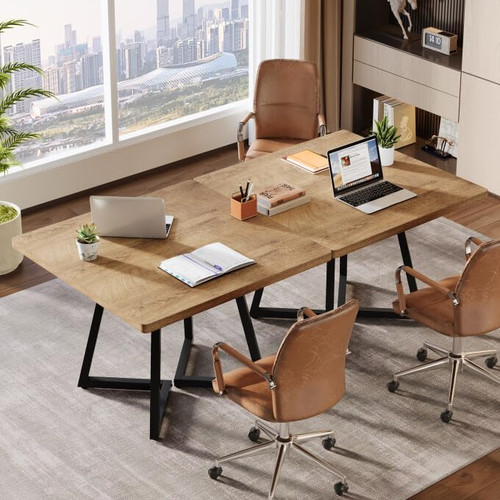 31.5" Square Conference Table Set of 4, 10 ft Industrial Office Meeting Table for 8-10 People, Business Podcast Furniture with Metal Base for Small Spaces, Office Conference, Natural