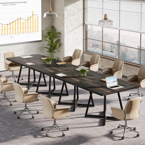 31.5" Square Conference Table Set of 4, 10 ft Industrial Office Meeting Table for 8-10 People, Business Podcast Furniture with Metal Base for Small Spaces, Office Conference, Vintage Black