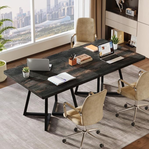 31.5" Square Conference Table Set of 4, 10 ft Industrial Office Meeting Table for 8-10 People, Business Podcast Furniture with Metal Base for Small Spaces, Office Conference, Vintage Black