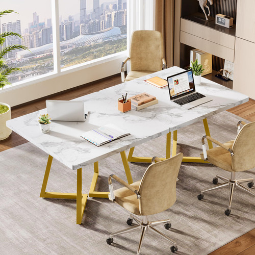 31.5" Square Conference Table Set of 4, 10 ft Industrial Office Meeting Table for 8-10 People, Business Podcast Furniture with Metal Base for Small Spaces, Office Conference, White & Gold