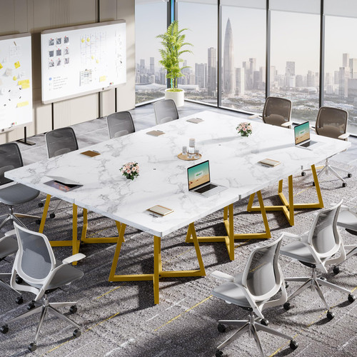31.5" Square Conference Table Set of 4, 10 ft Industrial Office Meeting Table for 8-10 People, Business Podcast Furniture with Metal Base for Small Spaces, Office Conference, White & Gold