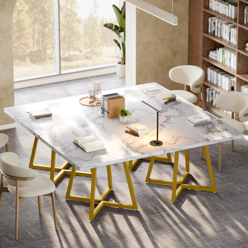 31.5" Square Conference Table Set of 4, 10 ft Industrial Office Meeting Table for 8-10 People, Business Podcast Furniture with Metal Base for Small Spaces, Office Conference, White & Gold