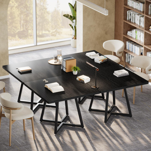 31.5" Square Conference Table Set of 6, 8 ft Industrial Office Meeting Table for 8-10 People, Business Podcast Furniture with Metal Base for Small Spaces, Office Conference, Black