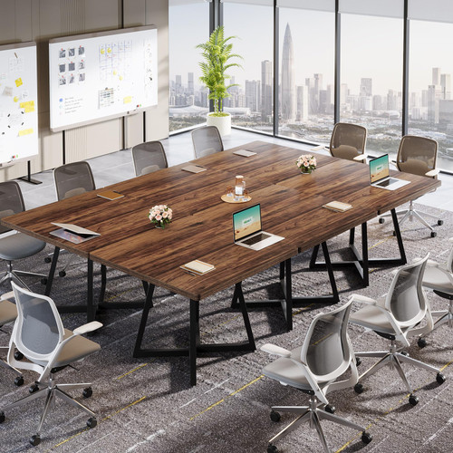 31.5" Square Conference Table Set of 6, 8 ft Industrial Office Meeting Table for 8-10 People, Business Podcast Furniture with Metal Base for Small Spaces, Office Conference, Brown