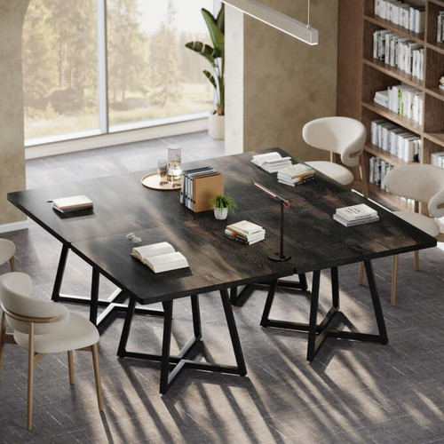 31.5" Square Conference Table Set of 6, 8 ft Industrial Office Meeting Table for 8-10 People, Business Podcast Furniture with Metal Base for Small Spaces, Office Conference, Vintage Black