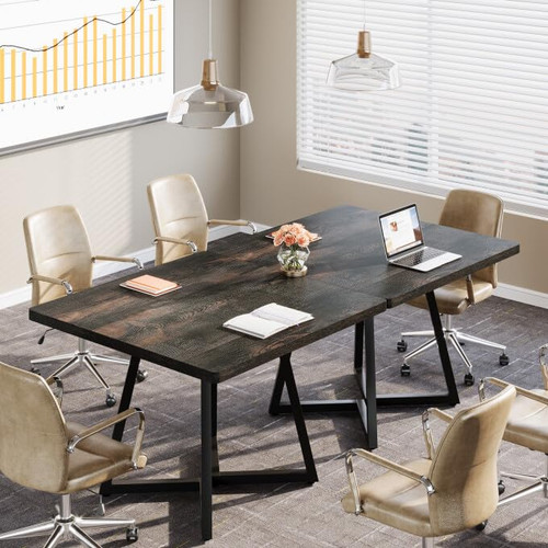 31.5" Square Conference Table Set of 6, 8 ft Industrial Office Meeting Table for 8-10 People, Business Podcast Furniture with Metal Base for Small Spaces, Office Conference, Vintage Black