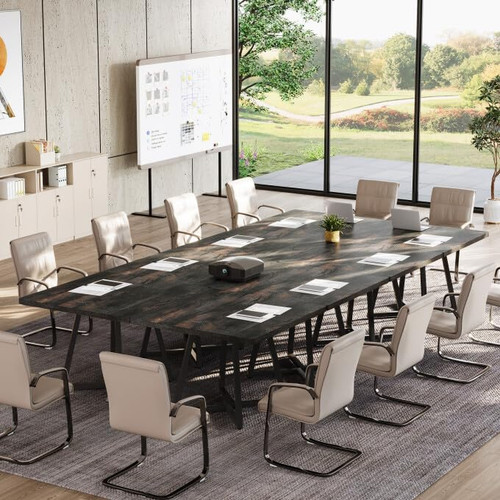31.5" Square Conference Table Set of 6, 8 ft Industrial Office Meeting Table for 8-10 People, Business Podcast Furniture with Metal Base for Small Spaces, Office Conference, Vintage Black