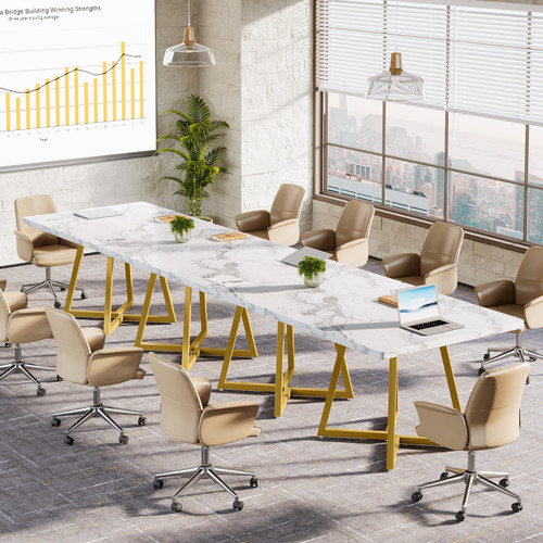 31.5" Square Conference Table Set of 6, 8 ft Industrial Office Meeting Table for 8-10 People, Business Podcast Furniture with Metal Base for Small Spaces, Office Conference, White & Gold