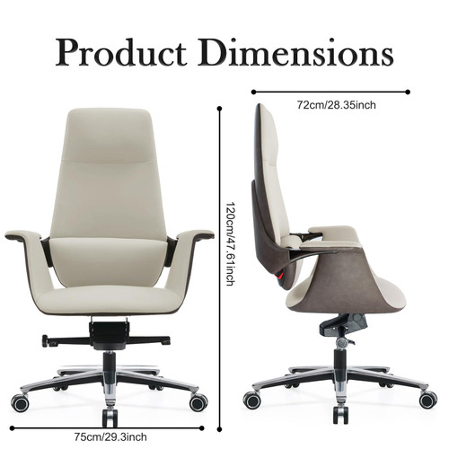Leather Executive Chair, Top Grain Ergonomic High Back Office Chair with Lumbar Support, Height Adjustable 400lbs Weight Capacity Metal Base with 360° Flexible Wheels (White)