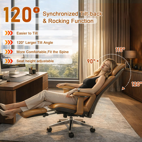 Leather Office Chair with Flexible Footrest, High Back Executive Office Chair with Lumbar Support, Adjustable Tilt Mechanism, Weight Capacity 400 lbs (Brown)