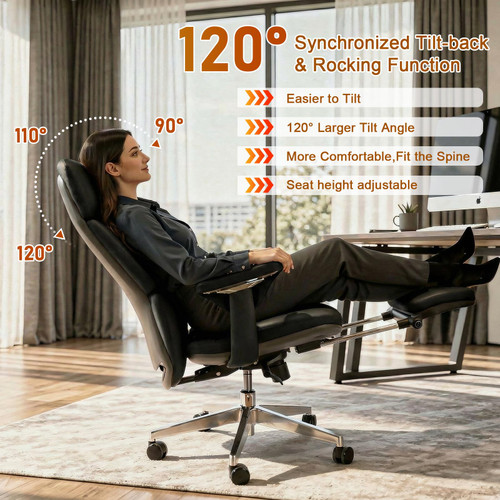 Leather Office Chair with Flexible Footrest, High Back Executive Office Chair with Lumbar Support, Adjustable Tilt Mechanism, Weight Capacity 400 lbs (Black)
