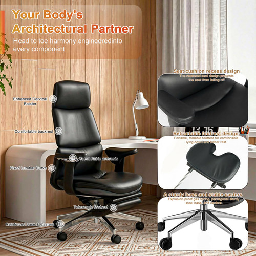 Leather Office Chair with Flexible Footrest, High Back Executive Office Chair with Lumbar Support, Adjustable Tilt Mechanism, Weight Capacity 400 lbs (Black)