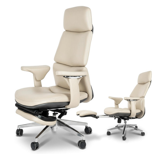 Leather Office Chair with Flexible Footrest, High Back Executive Office Chair with Lumbar Support, Adjustable Tilt Mechanism, Weight Capacity 400 lbs (White)