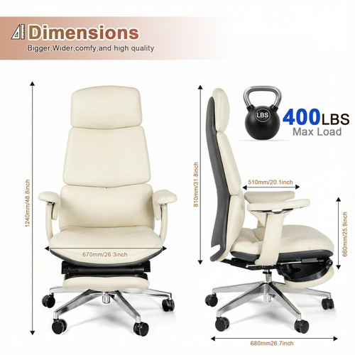 Leather Office Chair with Flexible Footrest, High Back Executive Office Chair with Lumbar Support, Adjustable Tilt Mechanism, Weight Capacity 400 lbs (White)