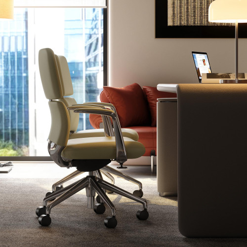 Leather Office Desk Chair with Wheels, Ergonomic Leather Executive Chair, Mid Back, Swivel Base with Adjustable Tilt, Modern Style, Luxury Aluminum Frame (Beige)