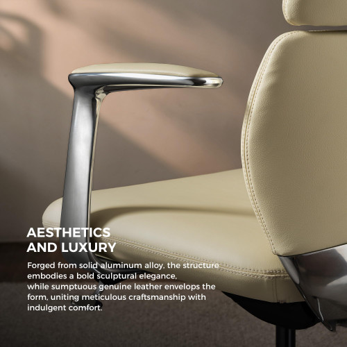 Leather Office Desk Chair with Wheels, Ergonomic Leather Executive Chair, Mid Back, Swivel Base with Adjustable Tilt, Modern Style, Luxury Aluminum Frame (Beige)