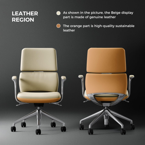 Leather Office Desk Chair with Wheels, Ergonomic Leather Executive Chair, Mid Back, Swivel Base with Adjustable Tilt, Modern Style, Luxury Aluminum Frame (Beige)