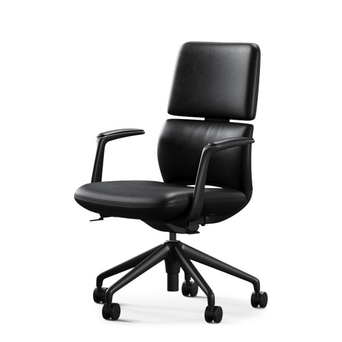 Leather Office Desk Chair with Wheels, Ergonomic Leather Executive Chair, Mid Back, Swivel Base with Adjustable Tilt, Modern Style, Luxury Aluminum Frame