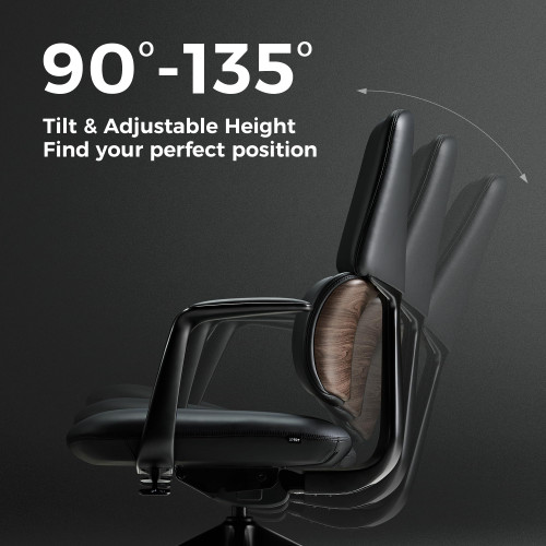 Leather Office Desk Chair, Ergonomic Leather Office Chair Mid Back, Upgraded Wood Grain Finish and S Curve Back with Solid Aluminum Frame, Luxury and Mordern