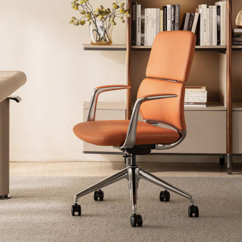 Leather Office Desk Chair with Wheels, Ergonomic Leather Executive Chair, Mid Back, Swivel Base with Adjustable Tilt, Modern Style, Luxury Aluminum Frame (Orange)