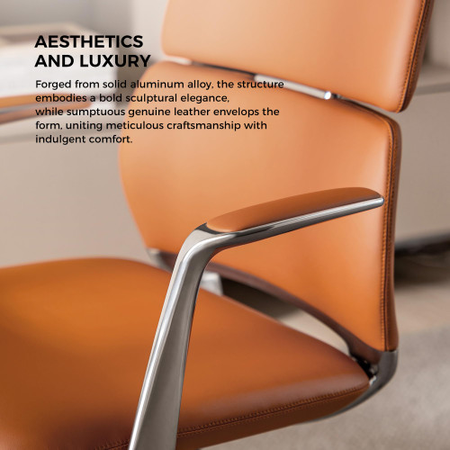 Leather Office Desk Chair with Wheels, Ergonomic Leather Executive Chair, Mid Back, Swivel Base with Adjustable Tilt, Modern Style, Luxury Aluminum Frame (Orange)