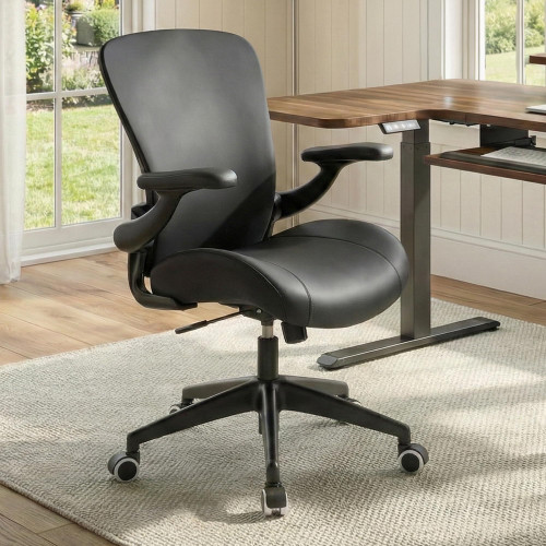 Executive Office Chair, Thick Padded PU Leather Desk Chair with Adjustable Lumbar Support and 3D Armrests, Easy-Clean for Home Office and Study Room(Pack of 1, Black)