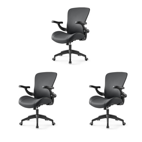 Executive Office Chair, Thick Padded PU Leather Desk Chair with Adjustable Lumbar Support and 3D Armrests, Easy-Clean for Home Office and Study Room (Pack of 3, Black)