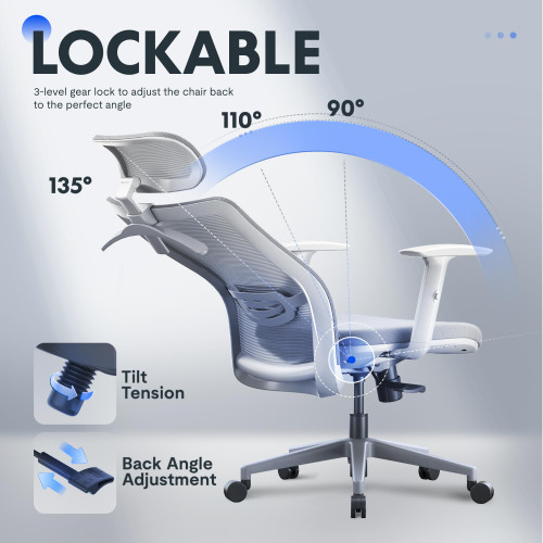 Ergonomic Office Chair, High Back Home Office Desk Chairs with Adjustable Lumbar Support, Armrests,90-130° Tilt Lock, Swivel Computer Gaming Chairs for Adults, OC3 Cloud, Light Gray