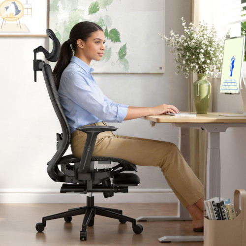 OC3 Air-F Ergonomic Office Chair with Footrest, Mesh Back Computer Chair, Home Office Desk Chairs, with Adjustable Lumbar Support/2D Headrest/Reliable Base, Black