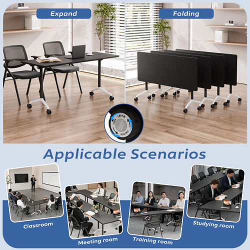 2 Pack Folding Conference Tables with Wheels,55.1in Flip Top Modular Conference Table,Mobile Joinable Conference Tables,Stackable Space-Saving Training Table for Office Classroom Seminar(Black)