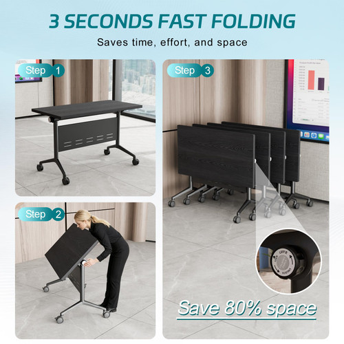 2 Pack Folding Conference Tables with Wheels,55.1in Flip Top Modular Conference Table,Mobile Joinable Conference Tables,Stackable Space-Saving Training Table for Office Classroom Seminar(Black3)