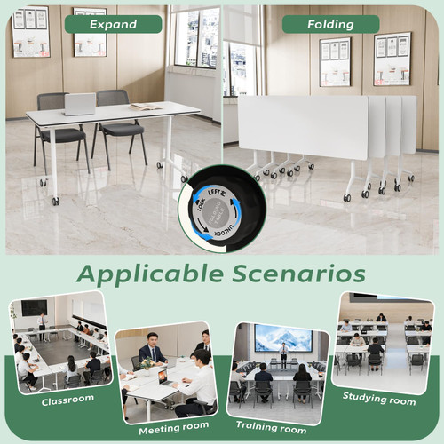 2 Pack Folding Conference Tables with Wheels,61in Flip Top Modular Conference Table,Mobile Joinable Conference Tables,Stackable Space-Saving Training Table for Office Classroom Seminar(White2)