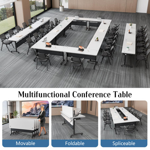 2 Pack Folding Conference Tables with Wheels,61in Flip Top Modular Conference Table,Mobile Joinable Conference Tables,Stackable Space-Saving Training Table for Office Classroom Seminar(White4)