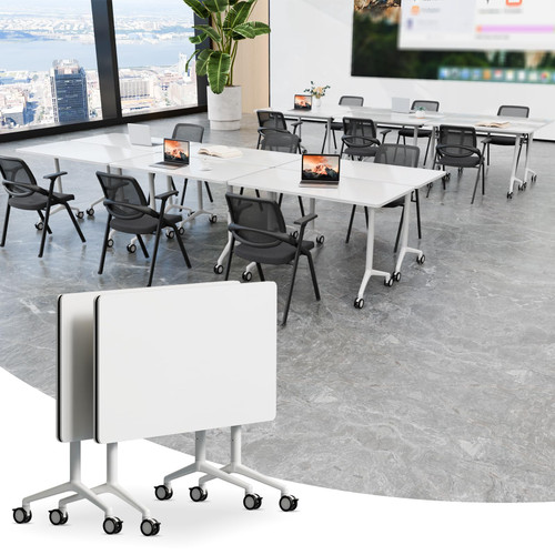 2 Pack Folding Conference Tables with Wheels,70.8in Flip Top Modular Conference Table,Mobile Joinable Conference Tables,Stackable Space-Saving Training Table for Office Classroom Seminar(White2)