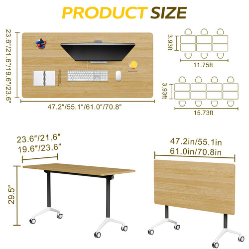2 Pack Folding Conference Tables with Wheels,70.8in Flip Top Modular Conference Table,Mobile Joinable Conference Tables,Stackable Space-Saving Training Table for Office Classroom Seminar(Yellow)