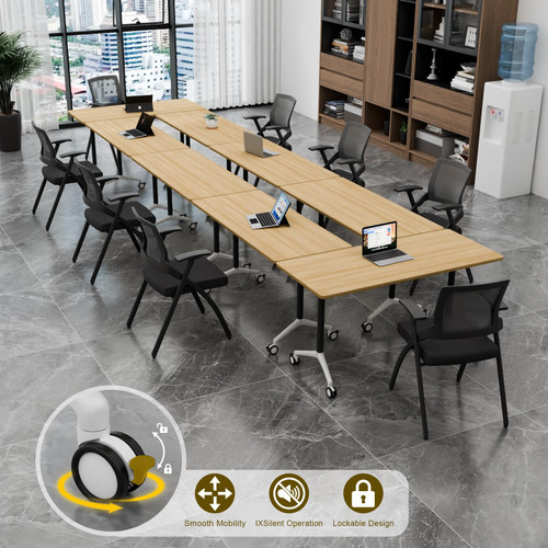 2 Pack Folding Conference Tables with Wheels,70.8in Flip Top Modular Conference Table,Mobile Joinable Conference Tables,Stackable Space-Saving Training Table for Office Classroom Seminar(Yellow)