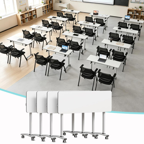 4 Pack Folding Conference Tables with Wheels,47.2in Flip Top Modular Conference Table,Mobile Joinable Conference Tables,Stackable Space-Saving Training Table for Office Classroom Seminar(White3)