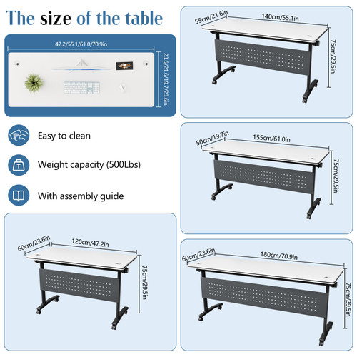 4 Pack Folding Conference Tables with Wheels,47.2in Flip Top Modular Conference Table,Mobile Joinable Conference Tables,Stackable Space-Saving Training Table for Office Classroom Seminar(White4)
