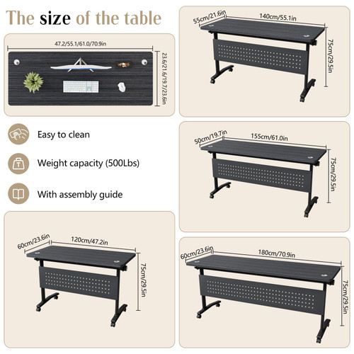 4 Pack Folding Conference Tables with Wheels,55.1in Flip Top Modular Conference Table,Mobile Joinable Conference Tables,Stackable Space-Saving Training Table for Office Classroom Seminar(Black2)