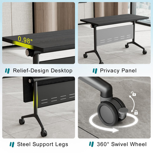 4 Pack Folding Conference Tables with Wheels,55.1in Flip Top Modular Conference Table,Mobile Joinable Conference Tables,Stackable Space-Saving Training Table for Office Classroom Seminar(Black3)