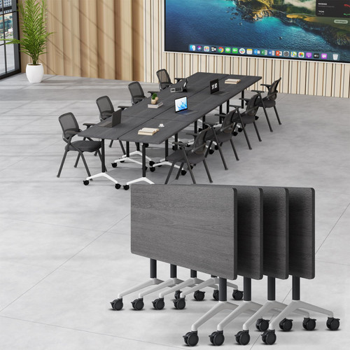 4 Pack Folding Conference Tables with Wheels,55.1in Flip Top Modular Conference Table,Mobile Joinable Conference Tables,Stackable Space-Saving Training Table for Office Classroom Seminar(Gray)