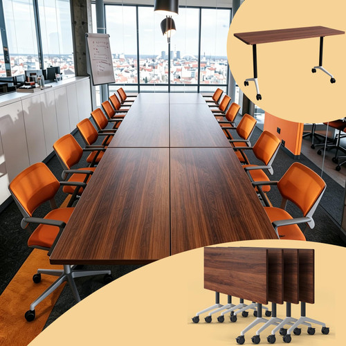 4 Pack Folding Conference Tables with Wheels,55.1in Flip Top Modular Conference Table,Mobile Joinable Conference Tables,Stackable Space-Saving Training Table for Office Classroom Seminar(Walnut 3)