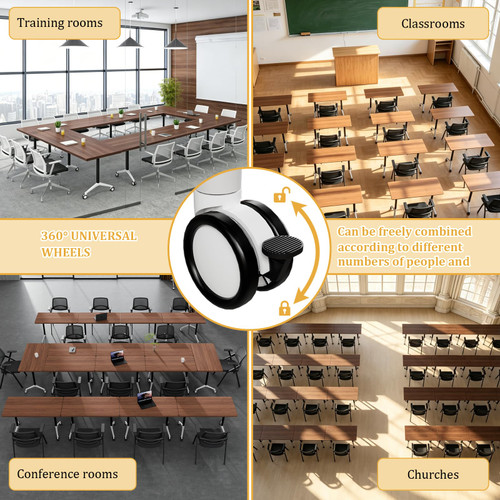 4 Pack Folding Conference Tables with Wheels,55.1in Flip Top Modular Conference Table,Mobile Joinable Conference Tables,Stackable Space-Saving Training Table for Office Classroom Seminar(Walnut 3)